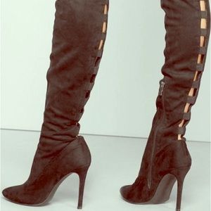 Black faux suede tall boots by Venus